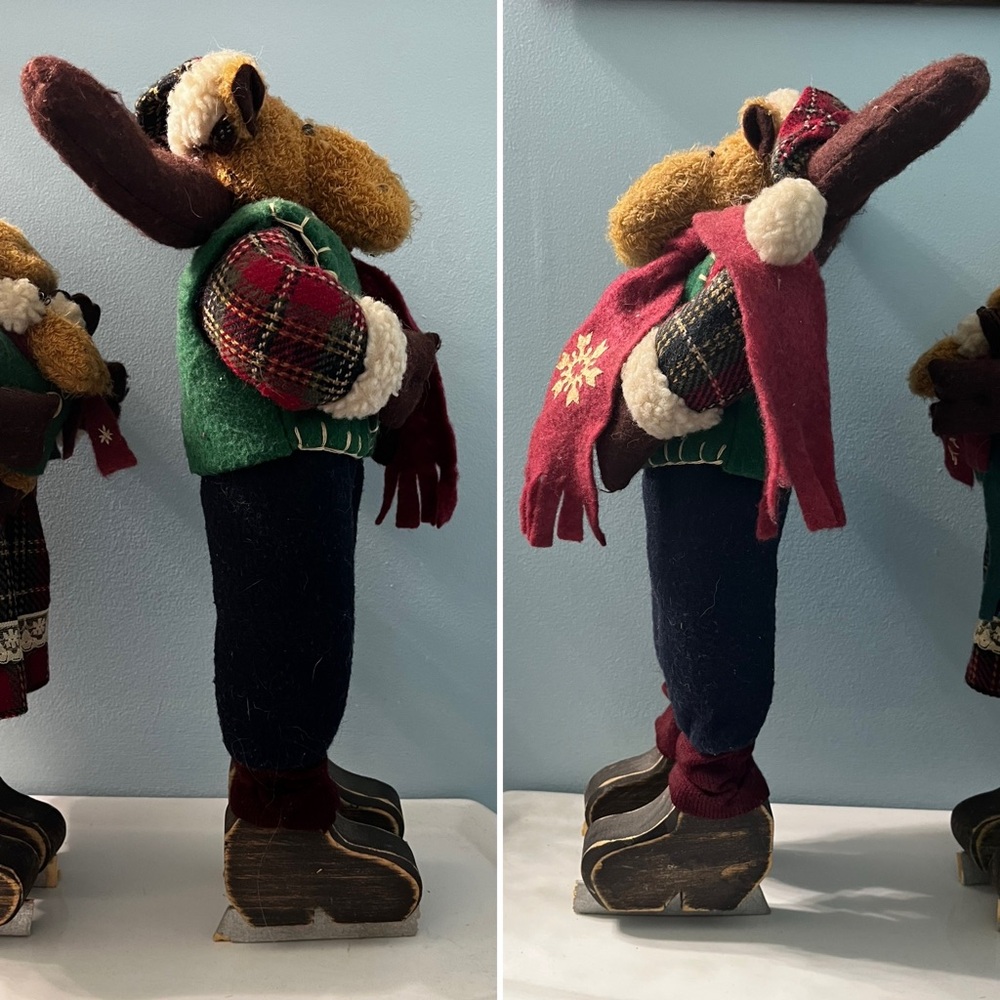 Set of (2) Primitive Christmas Holiday Winter Ice Skating Moose Family Decor - Picture 2 of 12